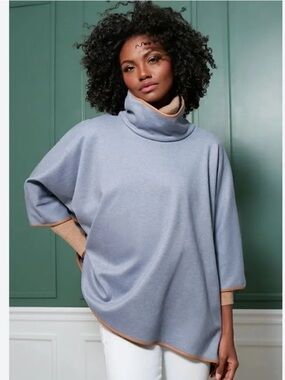 Tuckernuck Funnel Piper Poncho One Size Slate Blue Tan Leather Trim Casual Chic